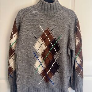 Zara Gray Argyle Turtleneck Sweater with Brown & Cream Accents